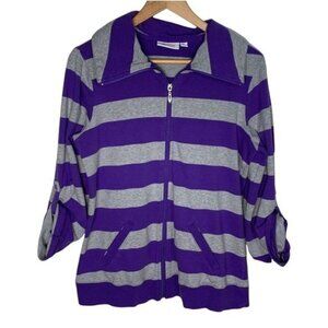 Denim & Co Womens Small Striped Zip Jacket Purple Gray Roll Tab Sleeve Casual